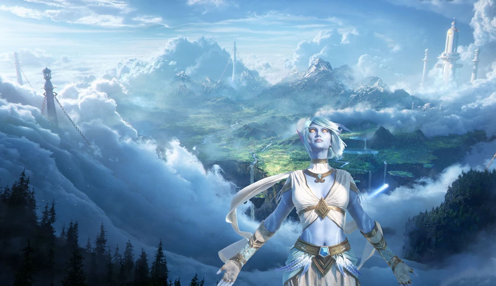 Official Blizzard art of a Skyborne elf standing above the clouds, with floating spires and a valley below.